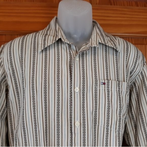 Tommy Hilfiger Retro Striped Button Down Shirt Large - White Vertical Cotton - Picture 3 of 9